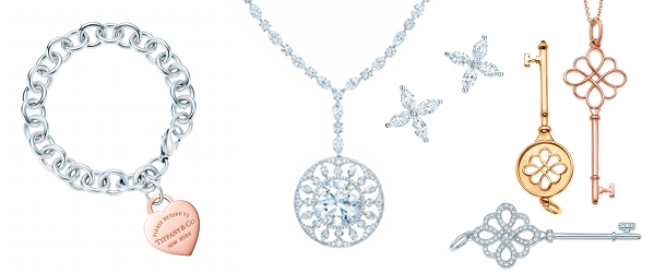 Tiffany: Armband Return to Tiffany, Diamantcollier, Diamantohrstecker Victoria, Schlüsselketten